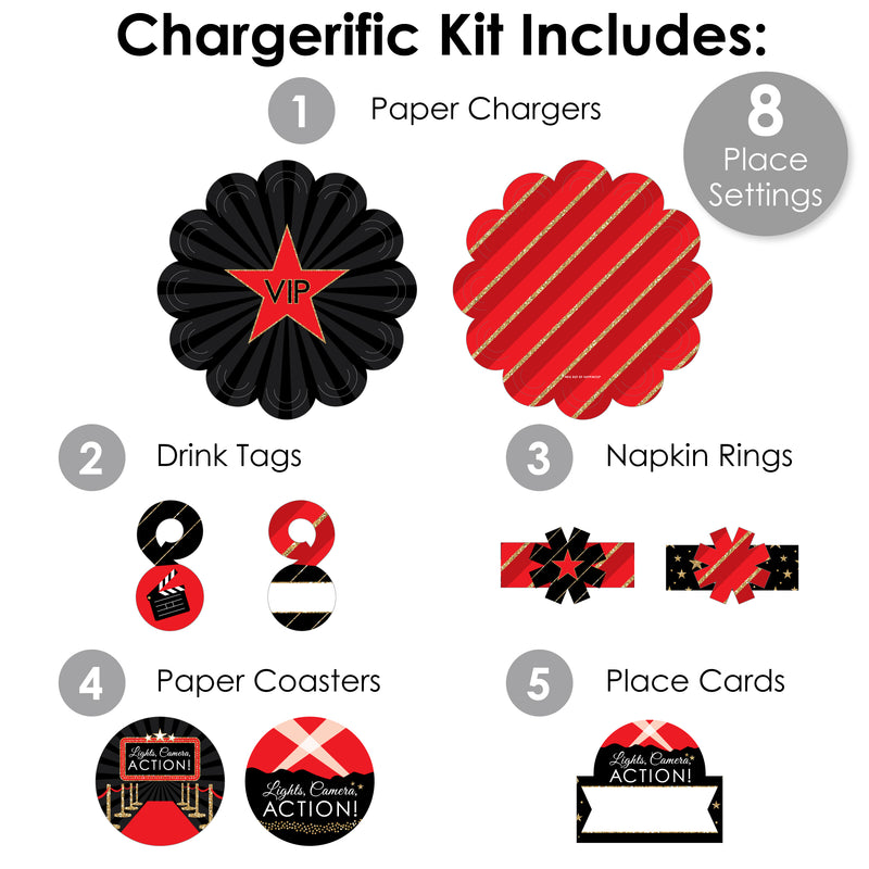 Red Carpet Hollywood - Movie Night Party Paper Charger and Table Decorations - Chargerific Kit - Place Setting for 8