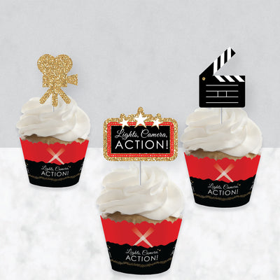 Red Carpet Hollywood - Cupcake Decoration - Movie Night Party Cupcake Wrappers and Treat Picks Kit - Set of 24