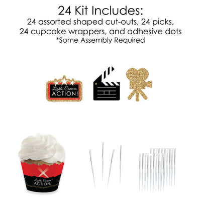 Red Carpet Hollywood - Cupcake Decoration - Movie Night Party Cupcake Wrappers and Treat Picks Kit - Set of 24