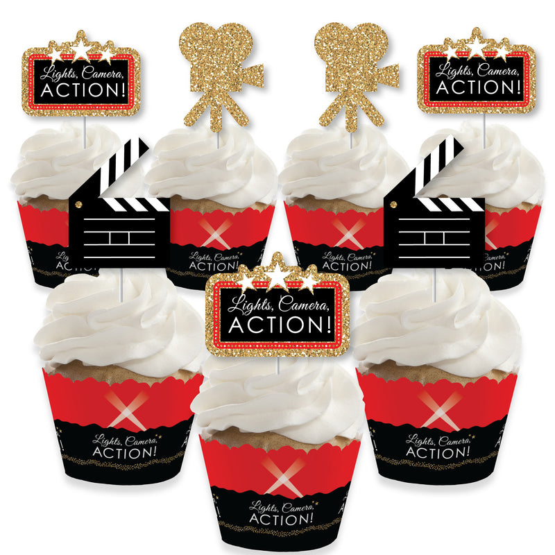 Red Carpet Hollywood - Cupcake Decoration - Movie Night Party Cupcake Wrappers and Treat Picks Kit - Set of 24