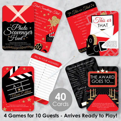 Red Carpet Hollywood - 4 Movie Night Party Games - 10 Cards Each - Gamerific Bundle