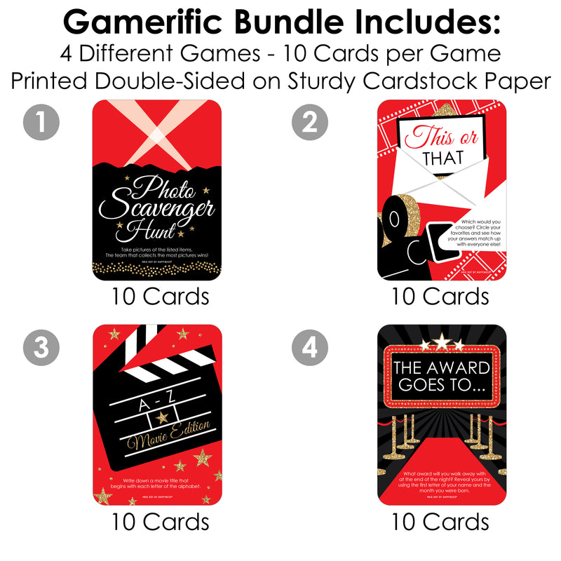 Red Carpet Hollywood - 4 Movie Night Party Games - 10 Cards Each - Gamerific Bundle