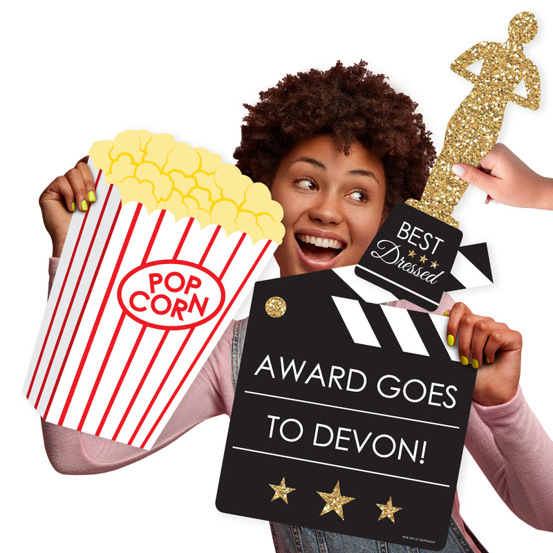 Custom Red Carpet Hollywood - Popcorn, Award, and Clapboard Decorations - Movie Night Party Large Photo Props - 3 Pc