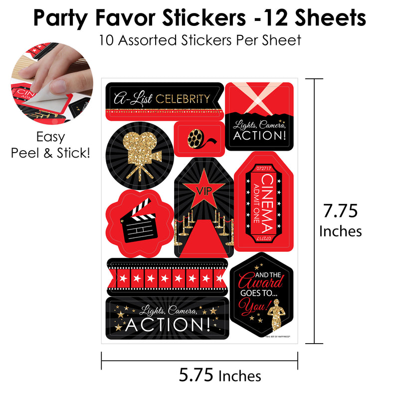 Red Carpet Hollywood - Movie Night Party Favor Sticker Set - 12 Sheets - 120 Stickers