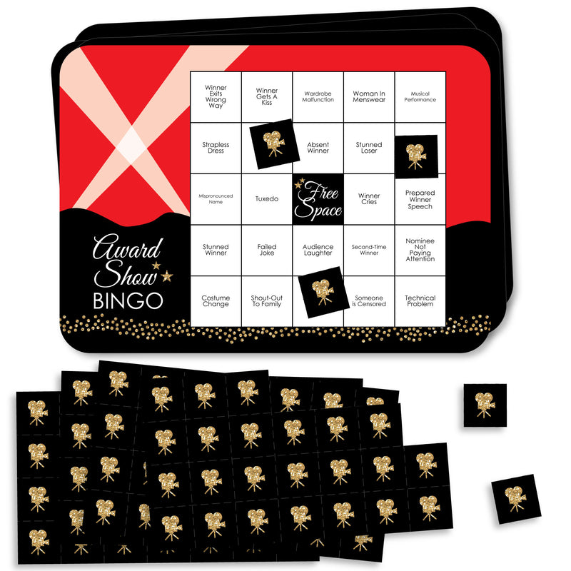 Red Carpet Hollywood - Award Show Bingo Cards and Markers - Movie Night Party Bingo Game - Set of 18