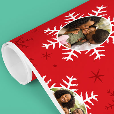 Custom Photo Wrapping Paper - Red & White Snowflakes