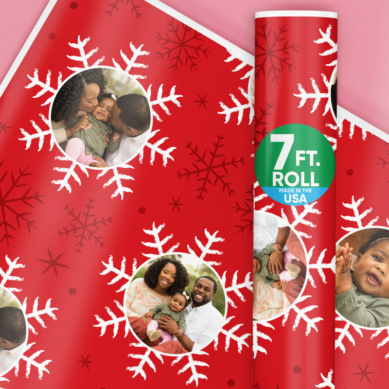 Custom Photo Wrapping Paper - Red & White Snowflakes