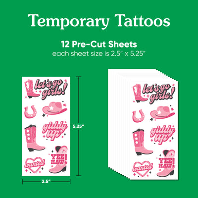 Rodeo Cowgirl Temporary Tattoos for Kids and Adults, Giddy Up Birthday Party Favors, Bachelorette Favor Kit, Let's Go Girls Decorations, Pink Western Party Supplies, 12 Sheets