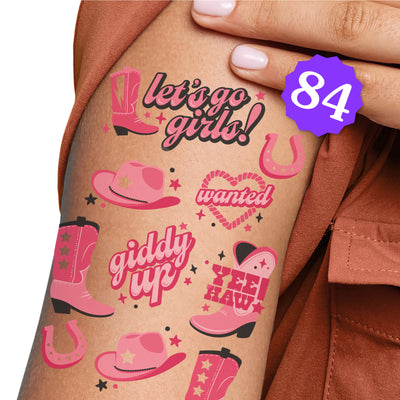 Rodeo Cowgirl Temporary Tattoos for Kids and Adults, Giddy Up Birthday Party Favors, Bachelorette Favor Kit, Let's Go Girls Decorations, Pink Western Party Supplies, 12 Sheets
