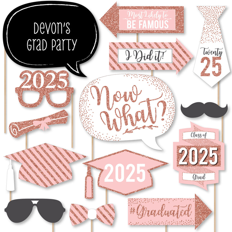 Rose Gold - Personalized 2025 Graduation Party Photo Booth Props Kit - 20 Count