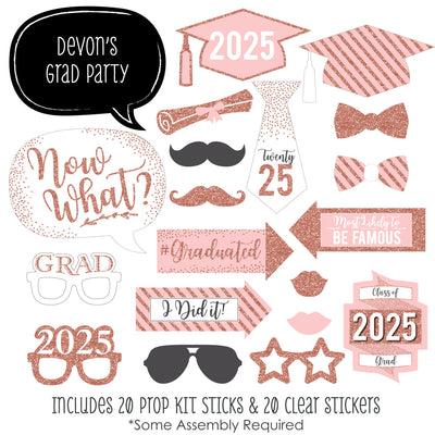 Rose Gold - Personalized 2025 Graduation Party Photo Booth Props Kit - 20 Count