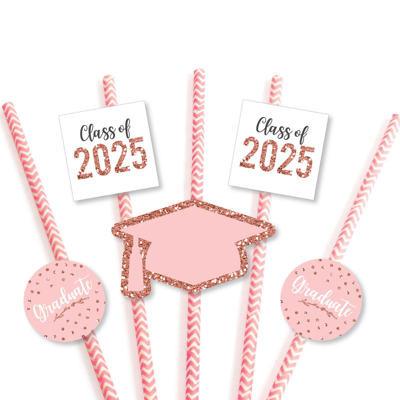 Rose Gold Grad - Paper Straw Decor - 2025 Graduation Party Striped Decorative Straws - Set of 24