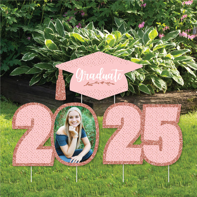 Rose Gold Grad - Custom 2025 Graduation Party Decorations - Stackable Photo Yard Sign - 3 Pc