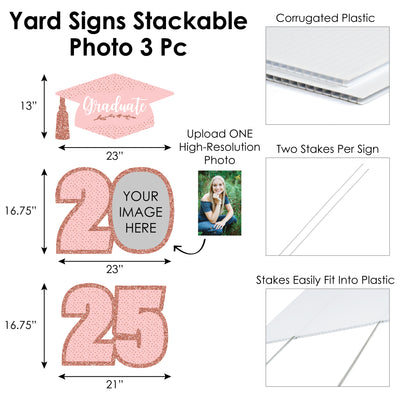 Rose Gold Grad - Custom 2025 Graduation Party Decorations - Stackable Photo Yard Sign - 3 Pc