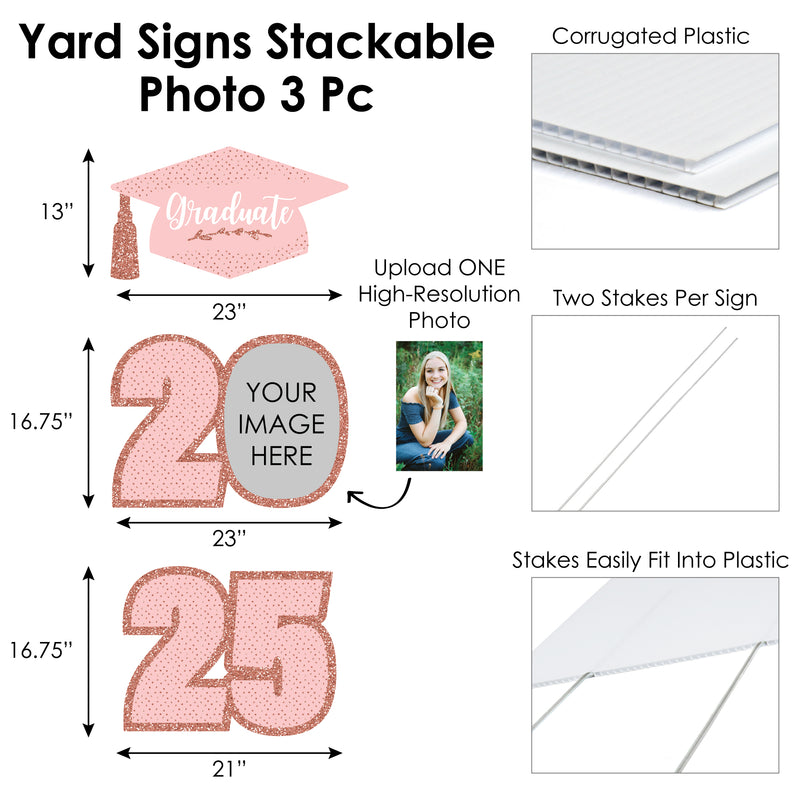 Rose Gold Grad - Custom 2025 Graduation Party Decorations - Stackable Photo Yard Sign - 3 Pc