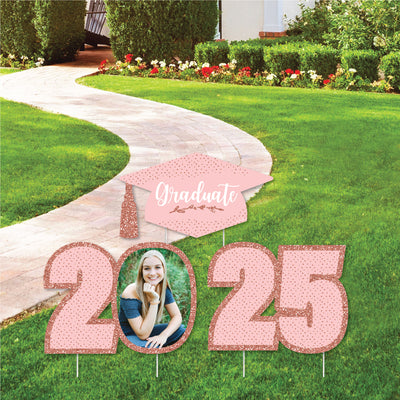 Rose Gold Grad - Custom 2025 Graduation Party Decorations - Stackable Photo Yard Sign - 3 Pc