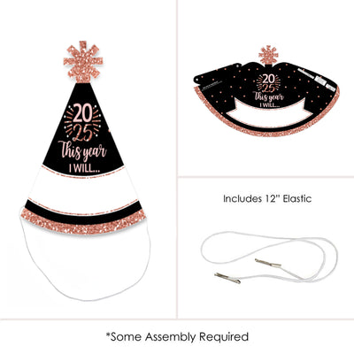 Rose Gold Happy New Year - Mini Cone 2025 New Year's Eve Party Resolution Party Hats - Small Little Party Hats - Set of 8