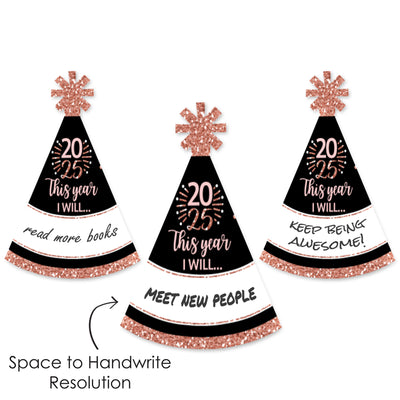 Rose Gold Happy New Year - Mini Cone 2025 New Year's Eve Party Resolution Party Hats - Small Little Party Hats - Set of 8