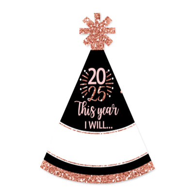 Rose Gold Happy New Year - Mini Cone 2025 New Year's Eve Party Resolution Party Hats - Small Little Party Hats - Set of 8