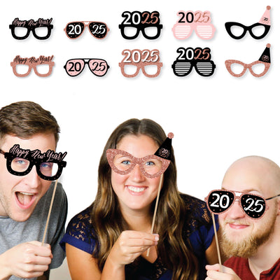 Rose Gold Happy New Year Glasses - Paper Card Stock 2025 New Year’s Eve Party Photo Booth Props Kit - 10 Count