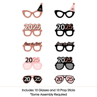 Rose Gold Happy New Year Glasses - Paper Card Stock 2025 New Year’s Eve Party Photo Booth Props Kit - 10 Count