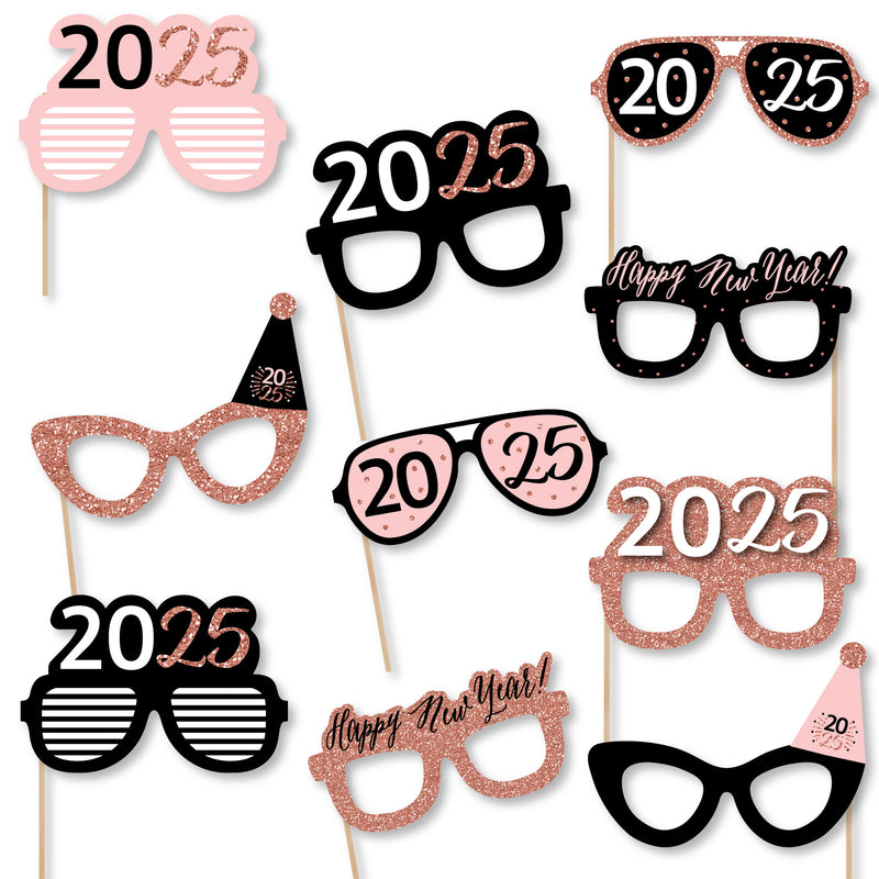 Rose Gold Happy New Year Glasses - Paper Card Stock 2025 New Year’s Eve Party Photo Booth Props Kit - 10 Count