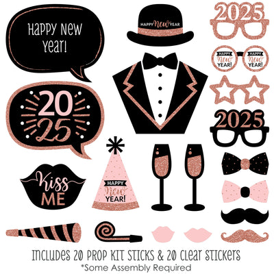 Rose Gold Happy New Year - 2025 New Year’s Eve Party Photo Booth Props Kit - 20 Count