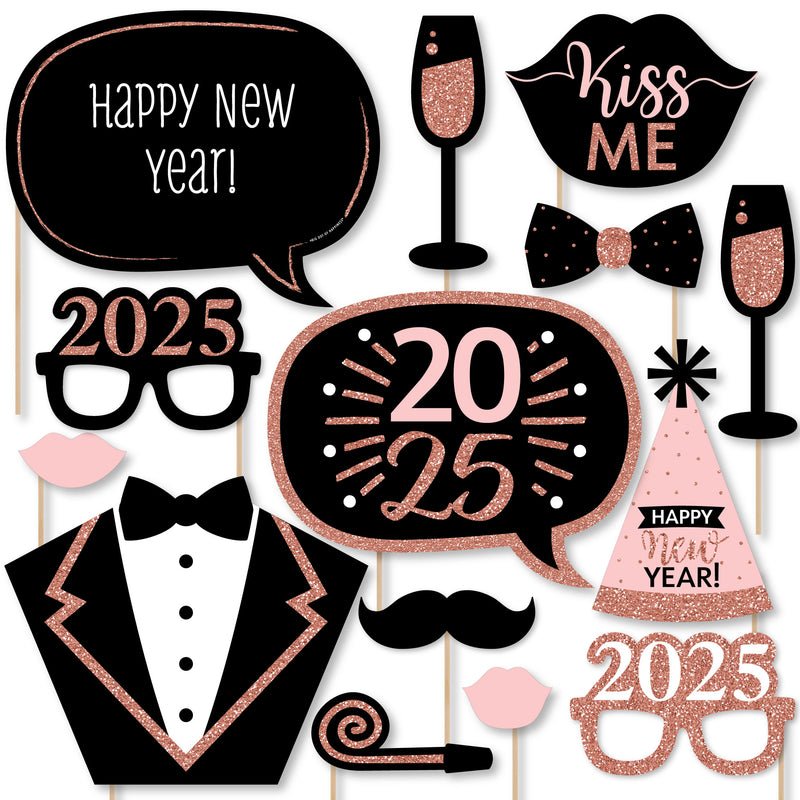 Rose Gold Happy New Year - 2025 New Year’s Eve Party Photo Booth Props Kit - 20 Count