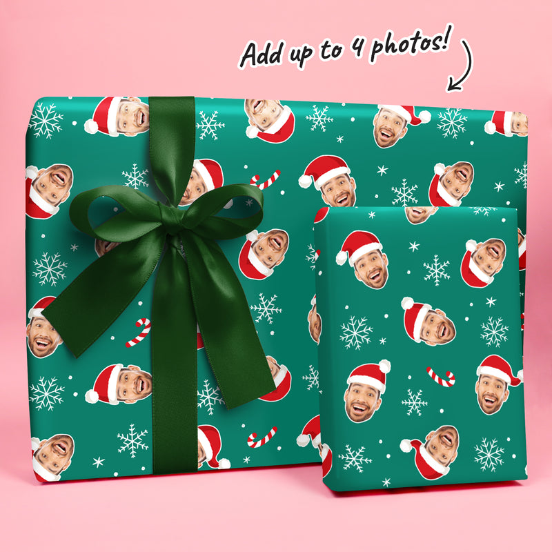 Custom Face Wrapping Paper - Green Christmas Santa