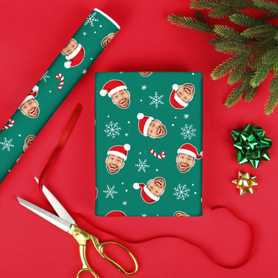 Custom Face Wrapping Paper - Green Christmas Santa