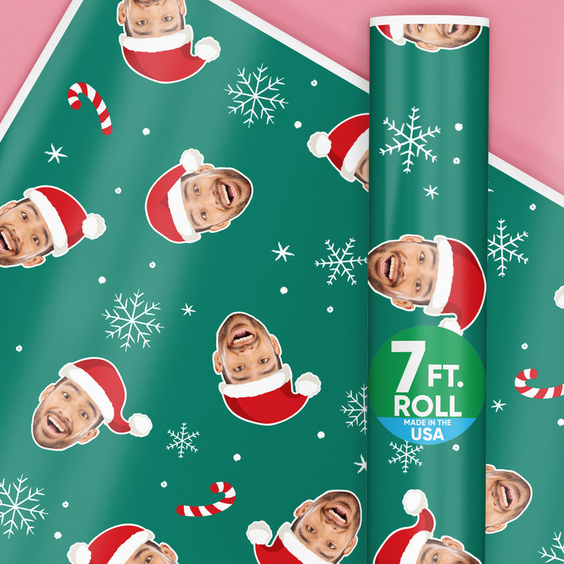 Custom Face Wrapping Paper - Green Christmas Santa