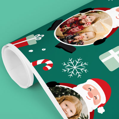 Custom Photo Wrapping Paper - Green Christmas Santa