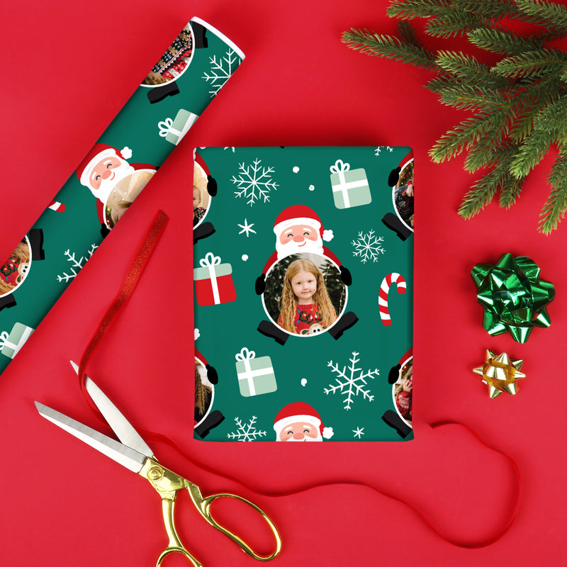 Custom Photo Wrapping Paper - Green Christmas Santa