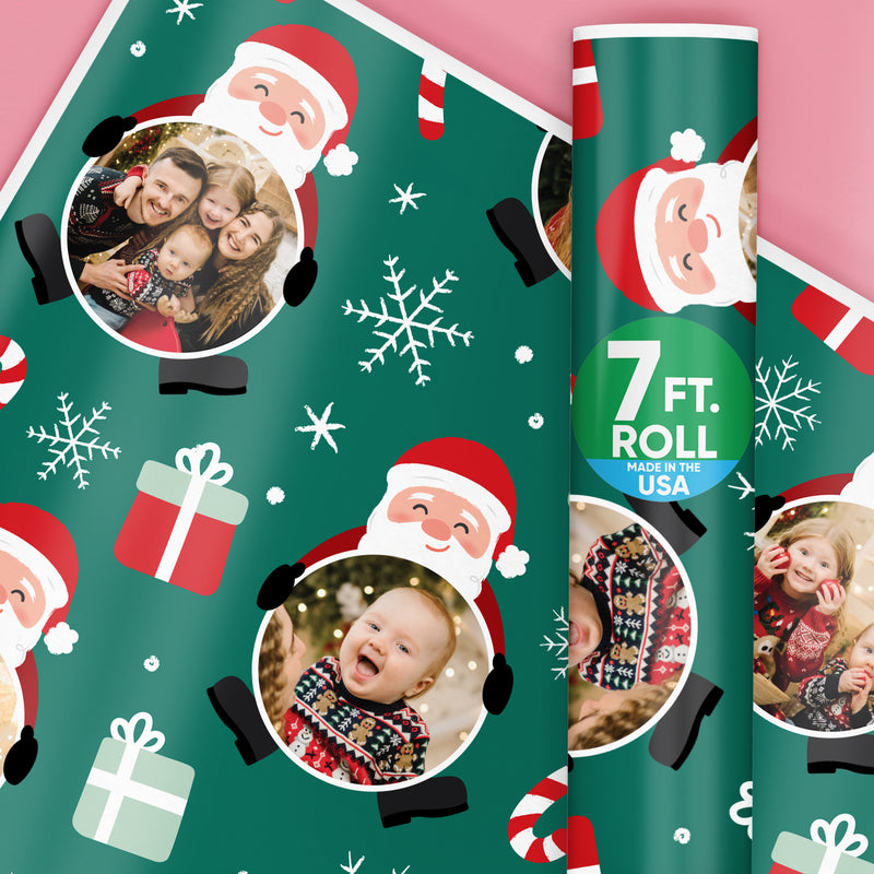 Custom Photo Wrapping Paper - Green Christmas Santa