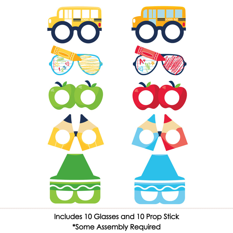 School Supplies Glasses and Masks - Paper Card Stock Kids Classroom Photo Booth Props Kit - 10 Count