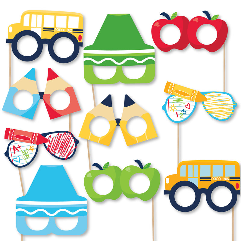 School Supplies Glasses and Masks - Paper Card Stock Kids Classroom Photo Booth Props Kit - 10 Count