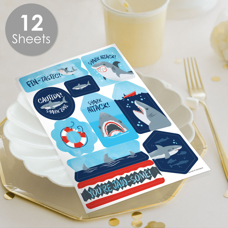 Shark Zone - Jawsome Shark Party or Birthday Party Favor Sticker Set - 12 Sheets - 120 Stickers