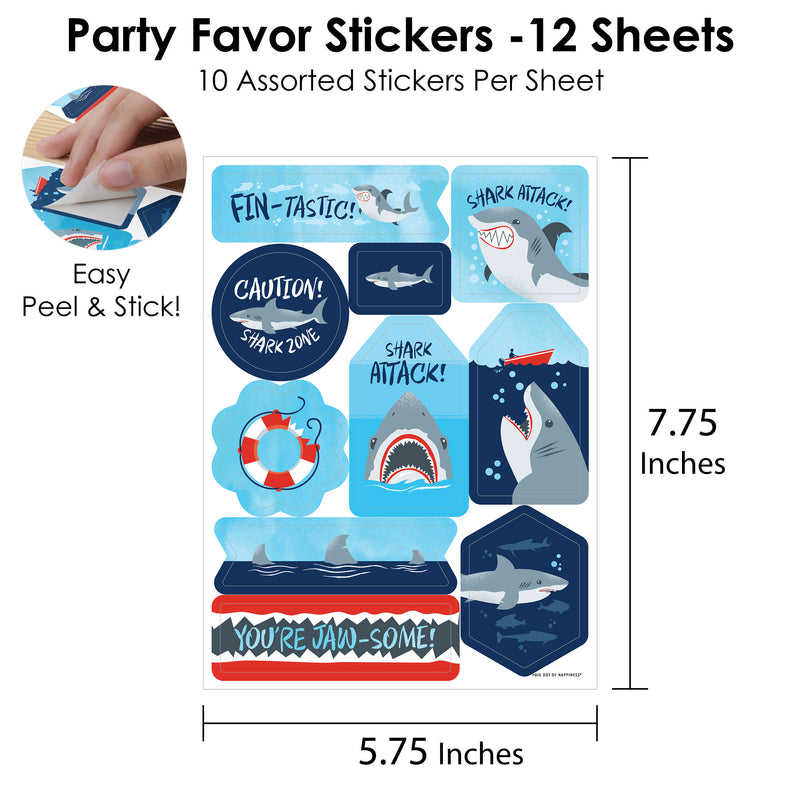 Shark Zone - Jawsome Shark Party or Birthday Party Favor Sticker Set - 12 Sheets - 120 Stickers