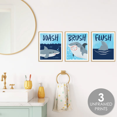 Shark Zone - Unframed Wash, Brush, Flush - Jawsome Shark Bathroom Wall Art - 8 x 10 inches - Set of 3 Prints