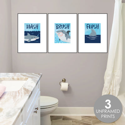 Shark Zone - Unframed Wash, Brush, Flush - Jawsome Shark Bathroom Wall Art - 8 x 10 inches - Set of 3 Prints