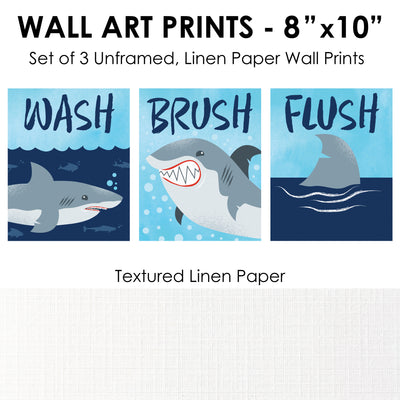 Shark Zone - Unframed Wash, Brush, Flush - Jawsome Shark Bathroom Wall Art - 8 x 10 inches - Set of 3 Prints