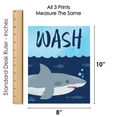 Shark Zone - Unframed Wash, Brush, Flush - Jawsome Shark Bathroom Wall Art - 8 x 10 inches - Set of 3 Prints