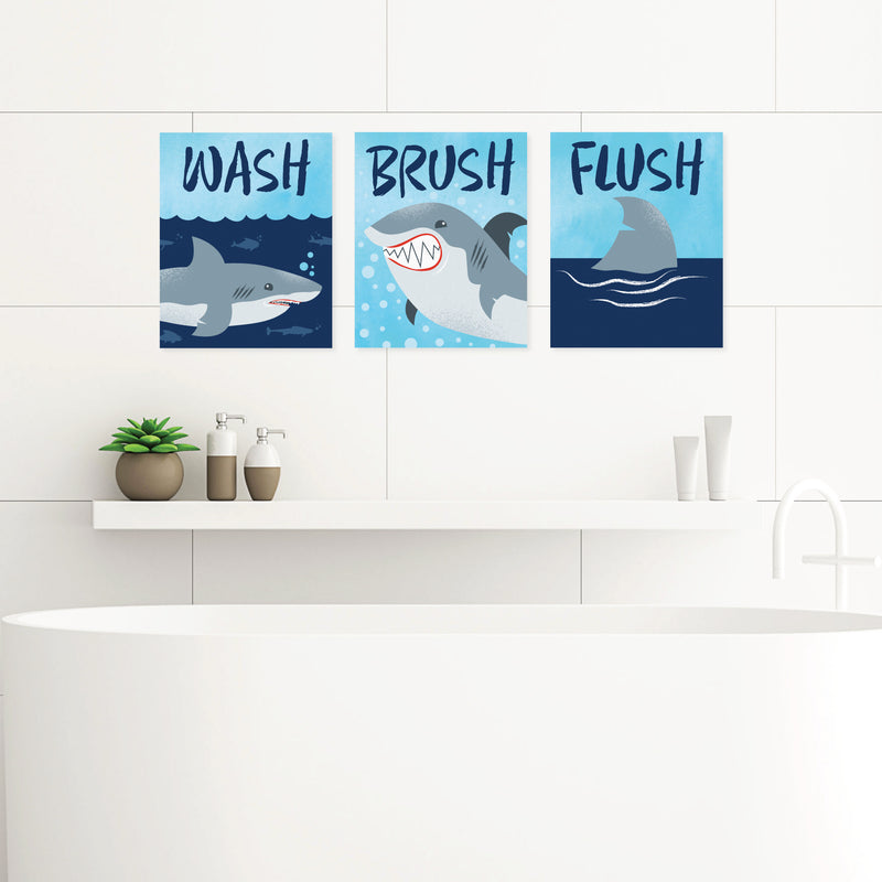 Shark Zone - Unframed Wash, Brush, Flush - Jawsome Shark Bathroom Wall Art - 8 x 10 inches - Set of 3 Prints