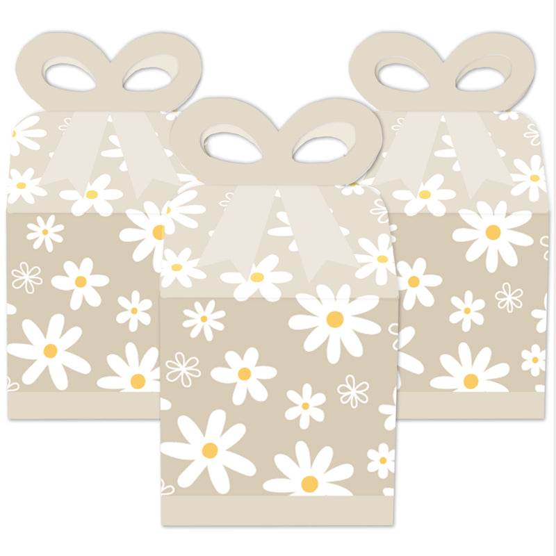 Tan Daisy Flowers - Square Favor Gift Boxes - Floral Party Bow Boxes - Set of 12