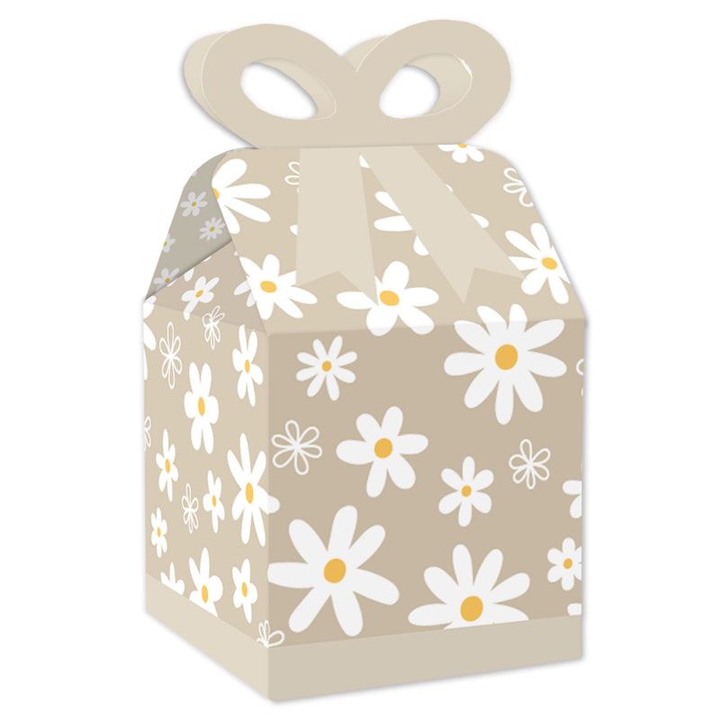 Tan Daisy Flowers - Square Favor Gift Boxes - Floral Party Bow Boxes - Set of 12