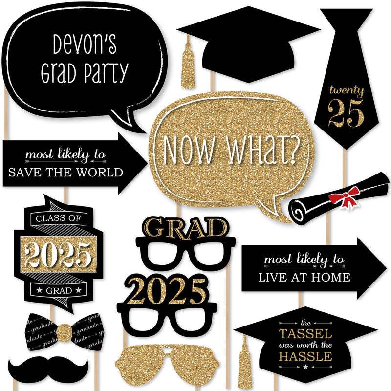 Graduation Party - Gold - Personalized 2025 Graduation Party Photo Booth Props Kit - 20 Count