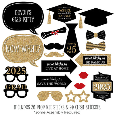 Graduation Party - Gold - Personalized 2025 Graduation Party Photo Booth Props Kit - 20 Count