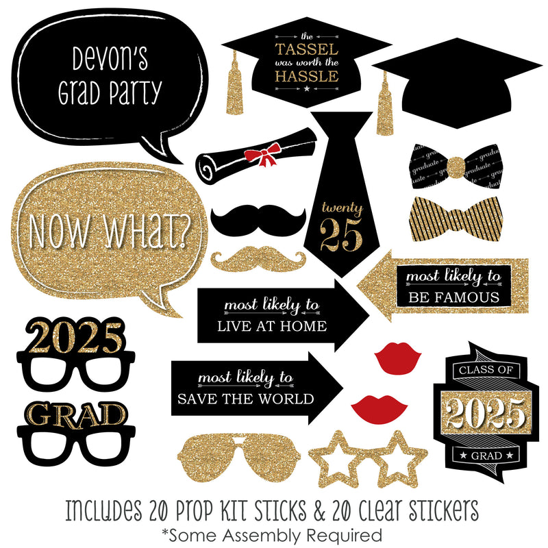 Graduation Party - Gold - Personalized 2025 Graduation Party Photo Booth Props Kit - 20 Count