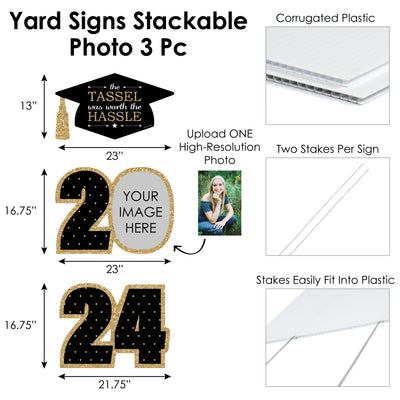 Tassel Worth The Hassle - Gold - Custom 2024 Graduation Party Decorations - Stackable Photo Yard Sign - 3 Pc