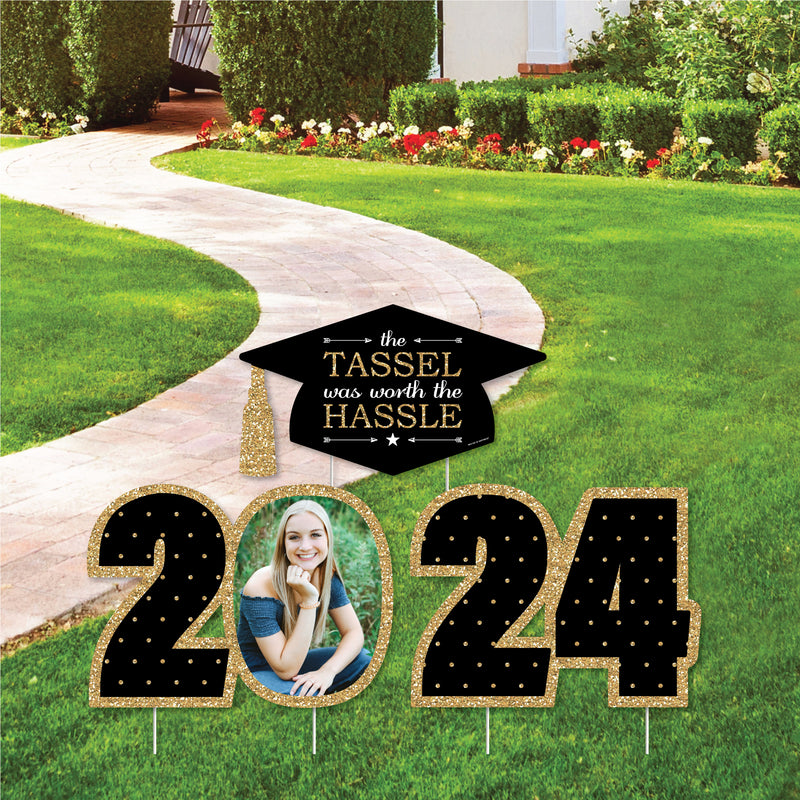 Tassel Worth The Hassle - Gold - Custom 2024 Graduation Party Decorations - Stackable Photo Yard Sign - 3 Pc